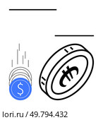 Dollar coins transforming into cryptocurrency coins symbolize digital financial shift. Ideal for fintech, cryptocurrency, banking, investments, financial education, digital economy, and innovation. Transformation of Traditional Currency to Cryptocurrency Represented by Blue and Black Dollar Coins. Стоковая иллюстрация, агентство Ingram Publishing / Фотобанк Лори