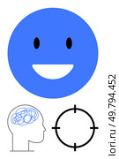 Smiling blue face emoticon, human head with tangled lines representing confusion, circular target reticle. Ideal for mental health, emotions, focus, psychology, mindfulness stress therapy. Line. Emoticon face, human head with tangled lines, and a target reticle representing emotional states and focus. Стоковая иллюстрация, агентство Ingram Publishing / Фотобанк Лори