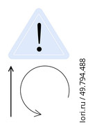 Triangular warning sign exclamation point circular arrow. Ideal for caution, alertness, process repetition, safety, hazard indication, warnings, attention. Line metaphor. Warning Sign with Exclamation and Circular Arrow for Alert and Repeat Cautionary Processes. Стоковая иллюстрация, агентство Ingram Publishing / Фотобанк Лори