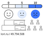 Emoticons representing happy neutral and sad faces rating scale from 0 to 10, books, and group of people. Ideal for customer satisfaction, feedback, evaluation, education, surveys, research, data. Measuring Satisfaction Levels Using Emoticons, Rating Scale, and Book Icons. Стоковая иллюстрация, агентство Ingram Publishing / Фотобанк Лори