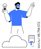 Man wearing VR headset holding light bulb and pointing, large cloud shapes, touchscreen with HS CODE. Ideal for technology, innovation, cloud computing, virtual reality, touch interfaces. Man Wearing VR Headset Holding Light Bulb and Pointing While Interacting with Touchscreen. Стоковая иллюстрация, агентство Ingram Publishing / Фотобанк Лори