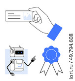 Hand holding business card robot pointing, and award ribbon emphasize networking, technology, and achievements. Ideal for business, innovation, automation, recognition, professionalism, identity. Hand Holding Business Card, Robot Pointing, and Award Ribbon Symbolizing Professional Achievements. Стоковая иллюстрация, агентство Ingram Publishing / Фотобанк Лори