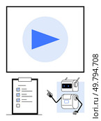 Robot pointing at screen with blue play button and completed checklist. Ideal for productivity, workflow, automation, efficiency, task management, technology, and tutorials. Line metaphor. Robot Presenting Completed Checklist and Video Play Button for Efficient Workflow Management. Стоковая иллюстрация, агентство Ingram Publishing / Фотобанк Лори