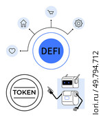 DEFI token symbol connected to home shopping cart, gear, and heart icons. Robot character pointing. Ideal for technology, finance, decentralization, blockchain, cryptocurrency, smart contracts. Decentralized Finance Concept with Icons Representing Home, Shopping Cart, Gear, and Heart. Стоковая иллюстрация, агентство Ingram Publishing / Фотобанк Лори