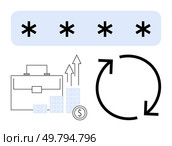 Password asterisks, briefcase, chart with upward arrows, coin stacks, and refresh arrows highlight security and business growth. Ideal for finance, productivity, cybersecurity, business solutions. Data security with password protection, business growth, and refresh symbol for secure transactions. Стоковая иллюстрация, агентство Ingram Publishing / Фотобанк Лори