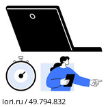 Laptop stopwatch and a person with a tablet extending arm. Ideal for time management, productivity tools, remote work, efficiency, digital organization, task prioritization, goal tracking. Line. Digital Workflow Laptop, Timer, and Person Highlighting Time Management Skills and Workflow. Стоковая иллюстрация, агентство Ingram Publishing / Фотобанк Лори