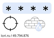 Password represented by asterisks, a targeting reticle, firewall depicted as a brick cloud with flame. Ideal for cybersecurity, data protection, online safety, encryption, network security. Cybersecurity icons featuring password, firewall, target, and cloud with flame elements. Стоковая иллюстрация, агентство Ingram Publishing / Фотобанк Лори