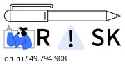 Pen pointing towards word RISK, person pointing upwards, exclamation mark inside triangle. Ideal for risk management, business strategy, decision-making, caution, awareness, security financial. Business Concept of Identifying and Assessing Risks with Visual Cues and Exclamation Warning. Стоковая иллюстрация, агентство Ingram Publishing / Фотобанк Лори