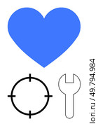 Blue heart, black target reticle, and wrench icons convey themes of love, precision, and repair. Ideal for relationships, technical work, self-improvement, healthcare goals maintenance. Blue heart, black target reticle, and wrench icons symbolizing love, precision, and repair. Стоковая иллюстрация, агентство Ingram Publishing / Фотобанк Лори