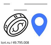 Blue location pin with coin displaying dollar symbol. Ideal for navigation, finance, travel, technology, business strategies, location services, mobile applications. Line metaphor. Blue location pin and coin with dollar symbol representing GPS services and financial transaction. Стоковая иллюстрация, агентство Ingram Publishing / Фотобанк Лори