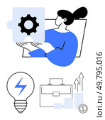 Businesswoman holding a gear puzzle piece, light bulb with lightning bolt, briefcase, and financial growth icons. Ideal for business solutions, innovation, teamwork, strategy, career development. Businesswoman Holding Gear Puzzle Piece and Business Growth Elements with Light Bulb Icon. Стоковая иллюстрация, агентство Ingram Publishing / Фотобанк Лори