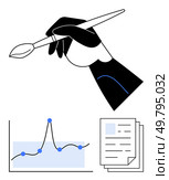 Hand holding brush documents line graph. Ideal for creativity, data analysis, balance, innovation, productivity, artistry, synergy Line metaphor. Creativity Meets Analysis Balancing Artistry and Data-Driven Decision Making. Стоковая иллюстрация, агентство Ingram Publishing / Фотобанк Лори