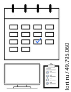 Calendar with a marked date box, checklist on clipboard, and computer monitor. Ideal for planning, scheduling, to-do lists, productivity, office work project management reminders. Line metaphor. Calendar with a Checklist and Monitor Suggesting Organized Work Environment or Task Management. Стоковая иллюстрация, агентство Ingram Publishing / Фотобанк Лори