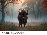 A majestic American bison, its brown fur glistening with dew, standing regally in the middle of a mysterious autumn forest, shrouded in a thick layer of fog, Стоковое AI-изображение, AI-художник Александр Поташев / Фотобанк Лори