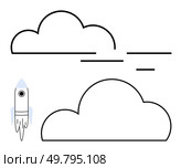 Rocket launching next to fluffy clouds and lines suggesting motion. Ideal for technology, space exploration, innovation, startup, creativity, ambition, and progress. Line metaphor. Rocket Flying Among Clouds Highlighting Themes of Exploration, Innovation, and Creativity. Стоковая иллюстрация, агентство Ingram Publishing / Фотобанк Лори