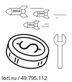 Missiles labeled DDoS flying towards a coin with a dollar sign and a wrench. Ideal for cybersecurity, financial threats, network security, IT protection, digital economy, hacker attacks, risk. DDoS Attacks Hitting Virtual Currency Concept of Cyber Threats to Financial Systems. Стоковая иллюстрация, агентство Ingram Publishing / Фотобанк Лори