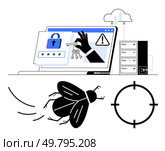 Laptop screen with security lock, keys, exclamation warning, cloud server, and virus bug in crosshairs. Ideal for cybersecurity, data protection, malware detection, IT security system alerts online. Cybersecurity Concept with Lock, Key, and Virus Bug on Laptop Displaying Warning Signs. Стоковая иллюстрация, агентство Ingram Publishing / Фотобанк Лори