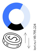Circular pie chart in blue, black, and light blue above a coin with a dollar sign and bidirectional arrows. Ideal for financial reports, business analytics, market trends, economic studies. Circular Pie Chart with Coin and Arrows Representing Financial Data and Market Trends. Стоковая иллюстрация, агентство Ingram Publishing / Фотобанк Лори