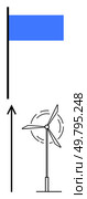Blue flag with tall pole wind turbine with rotating blades and upward arrow. Ideal for renewable energy, sustainability, technology, innovation, progress, environmental awareness, clean power. Line. Harnessing Wind Energy Flag Symbolism and Turbine Technology in Sustainable Power Generation. Стоковая иллюстрация, агентство Ingram Publishing / Фотобанк Лори