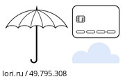 Umbrella symbolizing protection, credit card representing finance, and cloud illustrating technology and storage. Ideal for insurance, finance, technology, online security, savings, cloud computing. Financial Security and Protection Icon with Umbrella, Credit Card, and Cloud. Стоковая иллюстрация, агентство Ingram Publishing / Фотобанк Лори