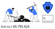 People breaking rocks with hammers and pickaxes, next to a blue shield with a lock, and a credit card. Ideal for cybersecurity, banking, finance, data protection, digital security, financial safety. People Break Rocks with Hammers and Axes, Shield with Lock, Credit Card Icon in Blue and Black Colors. Стоковая иллюстрация, агентство Ingram Publishing / Фотобанк Лори