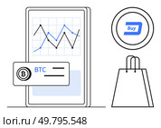 Graph on a smartphone with BTC label, adjacent circular buy button, and shopping bag. Ideal for finance, e-commerce, investments, mobile apps, cryptocurrency retail and technology. Line metaphor. Mobile Cryptocurrency Trading Interface with Buy Button and Shopping Bag Symbolizing E-commerce Integration. Стоковая иллюстрация, агентство Ingram Publishing / Фотобанк Лори