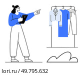 Woman holding a tablet and pointing at clothes on a rack, including a jacket, dress, and pants. Ideal for fashion advice, retail, personal shopping, style tips, online stores wardrobe planning. Fashion Consultant Suggesting Outfit While Holding Tablet and Pointing Towards Clothing Rack. Стоковая иллюстрация, агентство Ingram Publishing / Фотобанк Лори