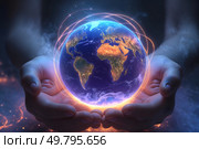 A pair of delicate human hands with pale skin clutching a glowing digital globe surrounded by thin, aurora-like lights, Стоковое AI-изображение, AI-художник Александр Поташев / Фотобанк Лори