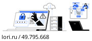Cybersecurity theme with laptop, lock icon, key, and server, plus online shopping with cart, laptop, cloud. Ideal for technology, security e-commerce data protection passwords online. Concept of Cybersecurity with Online Shopping Security Features and Data Protection Elements. Стоковая иллюстрация, агентство Ingram Publishing / Фотобанк Лори