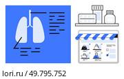 Diagram of lungs with annotations, shelf with medication, and online medical store interface showing health-related products. Ideal for telemedicine, diagnostics, prescriptions, online pharmacy. Online Medical Consultation with Lung Analysis and Medication E-commerce. Стоковая иллюстрация, агентство Ingram Publishing / Фотобанк Лори