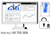 Business data analysis on computer screen including charts, graphs, and checklists. Clothing rack, lock with crossbones. Ideal for business, data analysis, e-commerce, cybersecurity technology. Analyzing Business Data on Computer Screen with Security and E-commerce Elements. Стоковая иллюстрация, агентство Ingram Publishing / Фотобанк Лори