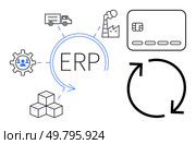 ERP concept surrounded by factory, truck, credit card, user gear, boxes, and circular arrows. Ideal for business process, manufacturing, supply chain management finance user management logistics. Enterprise Resource Planning ERP Elements Including Manufacturing, Shipping, and Payment Systems. Стоковая иллюстрация, агентство Ingram Publishing / Фотобанк Лори