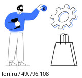Man holding dollar sign coin, gear cog, and shopping bag conveying financial and industrial growth. Ideal for business strategy, investment, economic development, enterprise, retail management. Man Holding Dollar Sign Coin, Gear Cog, and Shopping Bag Representing Economic and Industrial Concepts. Стоковая иллюстрация, агентство Ingram Publishing / Фотобанк Лори