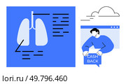 Diagram of human lungs with annotated parts on a blue background. Man holding a cashback sign near a simplified cloud. Ideal for healthcare, finance, education, digital services, promotional. Human Lungs Diagram with Cashback Offer in a Cloud Setting - Healthcare and Finance Themes. Стоковая иллюстрация, агентство Ingram Publishing / Фотобанк Лори