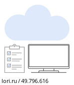 Cloud above monitor and checklist with checkmarks representing cloud computing applications. Ideal for data security, online storage, digital workflows, business planning, IT management, technology. Cloud Computing with Checklist and Monitor Exploring Data Management and Online Solutions. Стоковая иллюстрация, агентство Ingram Publishing / Фотобанк Лори