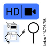 Robot pointing towards HD video icon and magnifying glass. Ideal for technology, AI, video quality, search, robotics, digital media, innovation themes. Line metaphor. Technology Robot Indicating Towards HD Video Icon and Magnifying Glass Sign. Стоковая иллюстрация, агентство Ingram Publishing / Фотобанк Лори
