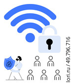 wireless symbol with lock, person holding shield, and group of people. Ideal for cybersecurity, data protection, online privacy, secure networks, internet safety, user security awareness, and digital. Secured Wireless Connectivity Protecting User Data with Privacy Shields and Network Safety. Стоковая иллюстрация, агентство Ingram Publishing / Фотобанк Лори