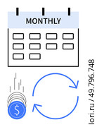 Monthly calendar showing date slots, falling coins, and arrows forming a circle representing ongoing payments. Ideal for finance management, budgeting, subscription services, regular payments. Monthly payment schedule with calendar, falling coins, and circular arrows for consistent financial cycle. Стоковая иллюстрация, агентство Ingram Publishing / Фотобанк Лори