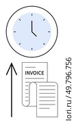 Clock with blue face indicating time, invoice documents and upward arrow. Ideal for time management, invoicing, accounting, productivity, workflow efficiency, financial planning, deadline tracking. Time Management and Billing Concept Clock and Invoice Documents with Upward Arrow Motif. Стоковая иллюстрация, агентство Ingram Publishing / Фотобанк Лори