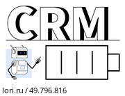 CRM, a friendly AI robot pointing, and a battery charging symbol. Ideal for technology, customer relationship management, automation, efficiency, artificial intelligence, business tools, and energy. CRM and AI Robot Enhance Efficiency with Power Charging Symbol. Стоковая иллюстрация, агентство Ingram Publishing / Фотобанк Лори