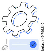 Large gear with a coin dropping next to a checkmark, representing efficiency and positive outcomes. Ideal for business, finance, technology, industry, automation, investments, and productivity. Gear with Coin and Checkmark Symbolizing Successful Operations and Financial Stability. Стоковая иллюстрация, агентство Ingram Publishing / Фотобанк Лори