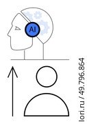 Human head with AI gear inside, arrow pointing up, stick figure below. Ideal for technology, artificial intelligence, innovation, human-machine interaction, progress futurism education. Line. Artificial Intelligence Enhancing Human Capabilities with Technological Integration. Стоковая иллюстрация, агентство Ingram Publishing / Фотобанк Лори