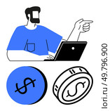 Man working on laptop, pointing forward. Circular currency icon with slash and coin with dollar sign. Ideal for financial services, digital economy, business marketing, investment concepts, online. Man Working on Laptop with Currency Symbols, Emphasizing Financial Decisions and Digital Economy. Стоковая иллюстрация, агентство Ingram Publishing / Фотобанк Лори