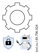 Gear security shield with lock, and robot pointing. Ideal for technology, cybersecurity, robotics, mechanization, automation, innovation, and digital security. Line metaphor. Robot Technology Cybersecurity Integration, Robotics Advancements, and Mechanization Concepts. Стоковая иллюстрация, агентство Ingram Publishing / Фотобанк Лори