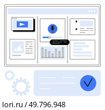 Computer screen displaying dashboards with video player, microphone, charts, list, images, text, chat box. Ideal for productivity, project management web design digital marketing online. Digital Workspace Dashboard With Media, Analytics, Tasks, and Communication Tools for Productivity. Стоковая иллюстрация, агентство Ingram Publishing / Фотобанк Лори