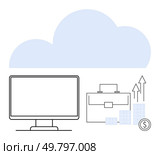 Computer monitor and business briefcase with financial growth arrows and money stacks under a blue cloud. Ideal for finance, business growth, investment, cloud services, data storage, financial. Cloud Computing Concept with Computer Monitor, Financial Growth Arrows, Briefcase, and Money Stacks. Стоковая иллюстрация, агентство Ingram Publishing / Фотобанк Лори