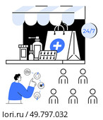 Pharmacy stall with medicines paper bag 247 sign, person choosing medical icons, and six individuals. Ideal for e-commerce, healthcare, online service, medication, delivery, technology, customer. Online Pharmacy and Medicine Delivery Concept with 247 Availability. Стоковая иллюстрация, агентство Ingram Publishing / Фотобанк Лори