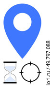 Blue location pin, black and white hourglass, and targeting reticle symbol. Ideal for navigation, time management, accuracy, location tracking, goal setting deadlines project planning. Line. Location marker, hourglass, and target symbols for time and precision. Стоковая иллюстрация, агентство Ingram Publishing / Фотобанк Лори