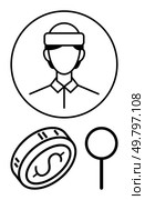 User with VR headset in circular frame, coin with dollar sign, magnifying glass. Ideal for technology, virtual reality, finance, gaming, digital exploration futuristic themes education. Line. Virtual Reality User with Headset Exploring Digital Currency in Minimalistic Style. Стоковая иллюстрация, агентство Ingram Publishing / Фотобанк Лори