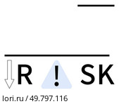 Word RISK with an exclamation mark in a blue triangle replacing the letter I and a downward arrow preceding the letter R. Ideal for finance, business strategy, insurance, hazard identification, risk. Risk Reduction Concept with Exclamation Mark in Blue Triangle and Downward Arrow. Стоковая иллюстрация, агентство Ingram Publishing / Фотобанк Лори